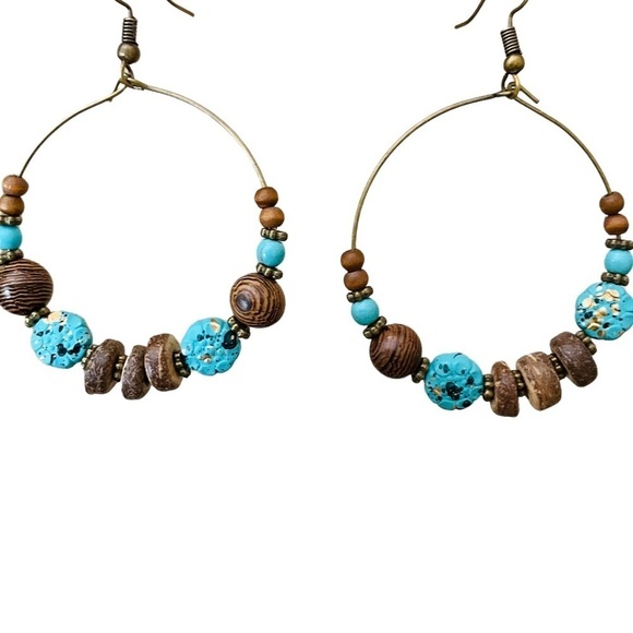Bohemian Ethnic Brown & Turquoise Wooden Round Hoop Earrings - Picture 3 of 5